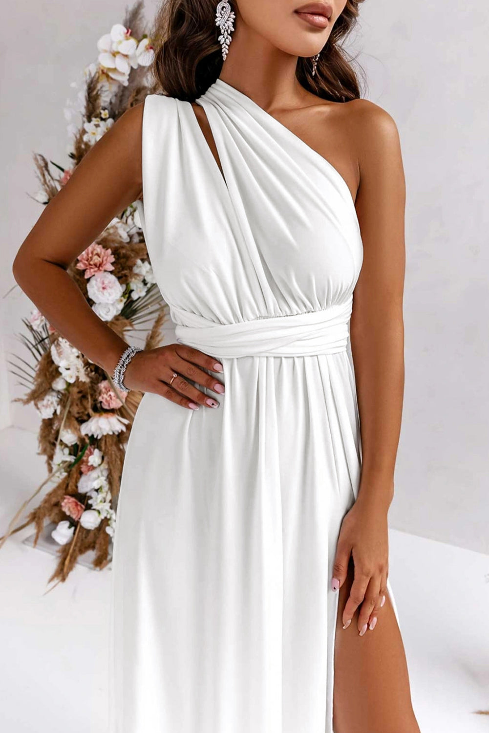 White Sleeveless Ruched High Split Cutout Back Maxi Dress