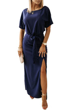 Load image into Gallery viewer, Blue Keyhole Back Tie Waist Slit Evening Dress
