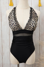 Load image into Gallery viewer, Brown Leopard Mesh Insert V Neck High Waist Monokini
