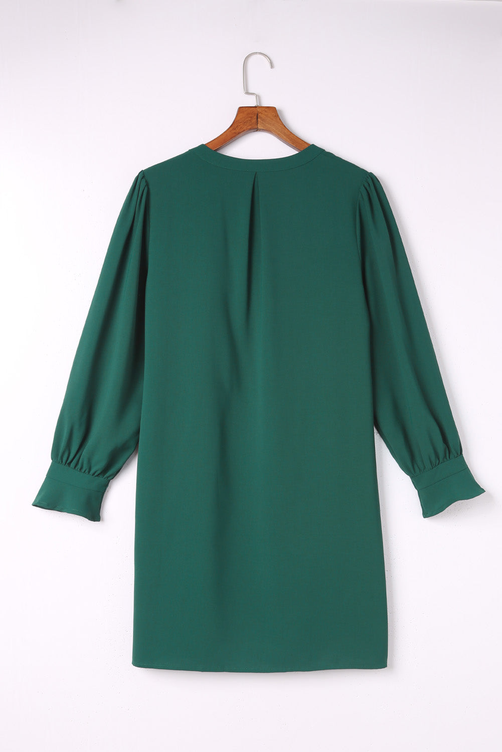 Green Split V Neck Ruffled Sleeves Shirt Dress