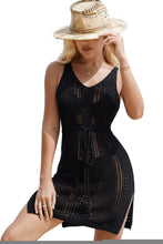 Load image into Gallery viewer, Black Crochet Hollow-out Sleeveless Beach Dress with Drawstring
