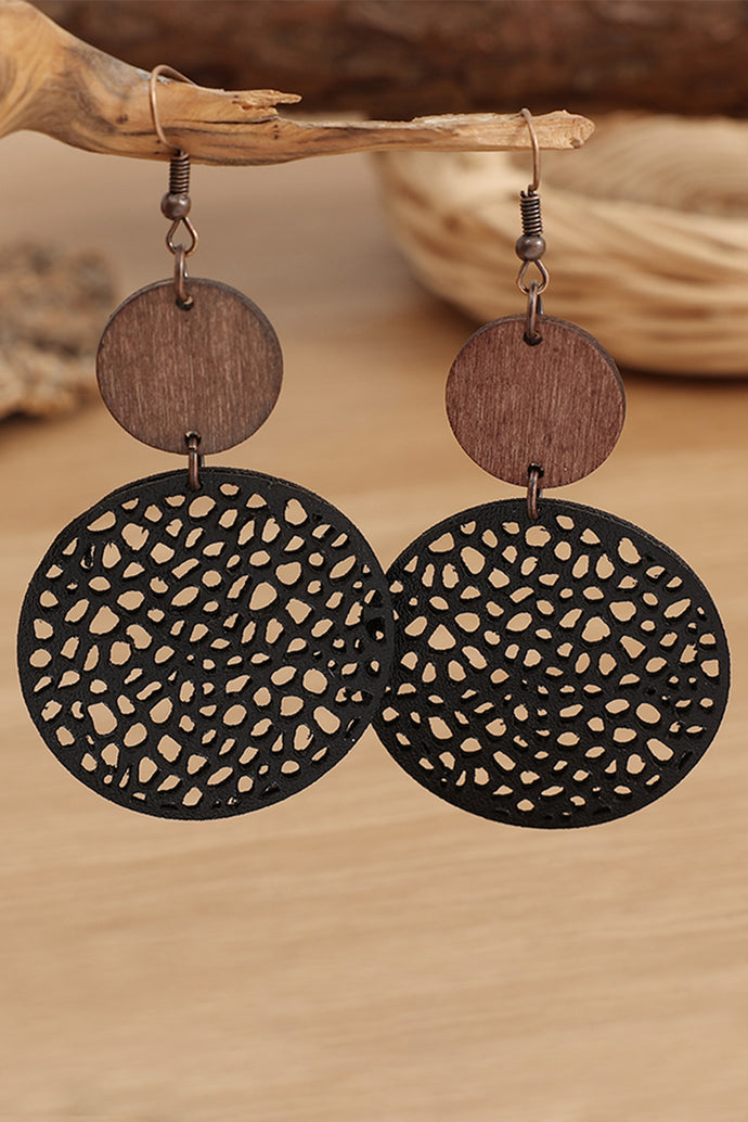 Black Hollow Out Wooden Round Drop Earrings