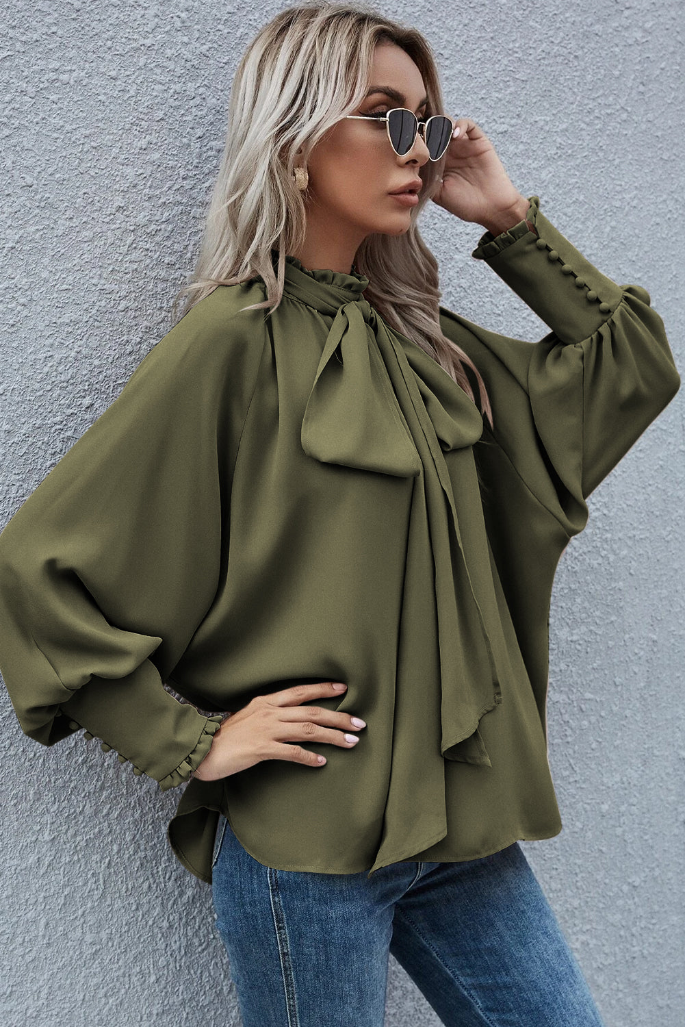 Jungle Green Frilled Knotted Mock Neck Bishop Sleeve Blouse