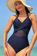 Load image into Gallery viewer, Navy Blue Halter Mesh Insert Cross Front One-Piece Swimsuit

