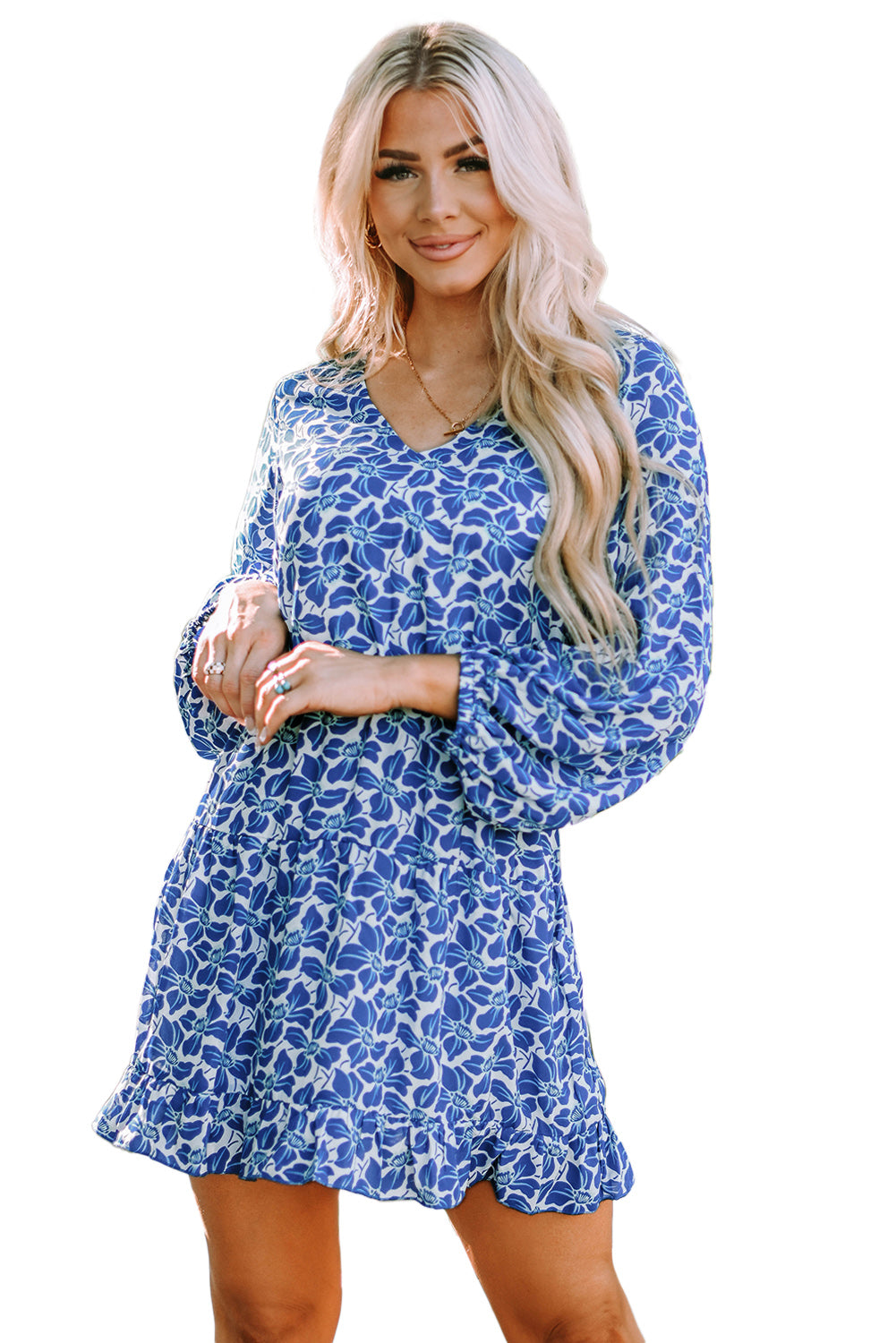 Floral V Neck Lantern Sleeves Tunic Dress