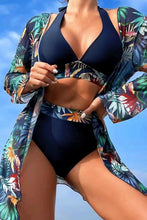 Load image into Gallery viewer, Navy Blue 3pcs Tropical Contrast Trim Halter Bikini Set with Cove up

