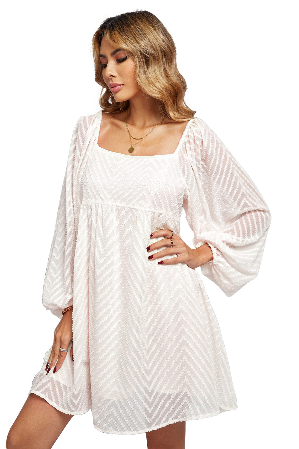 Classic Square Neck Puff Sleeve Babydoll Style Short Dress