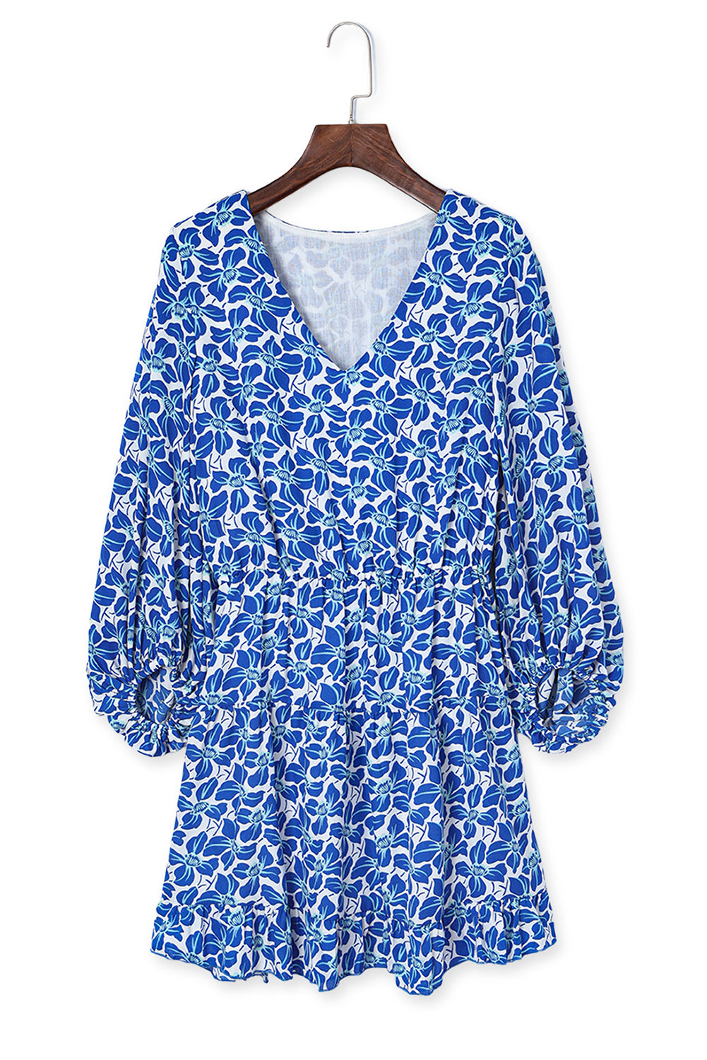 Floral V Neck Lantern Sleeves Tunic Dress