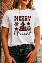 Load image into Gallery viewer, White MERRY and Bright Plaid Print Christmas Crewneck T Shirt
