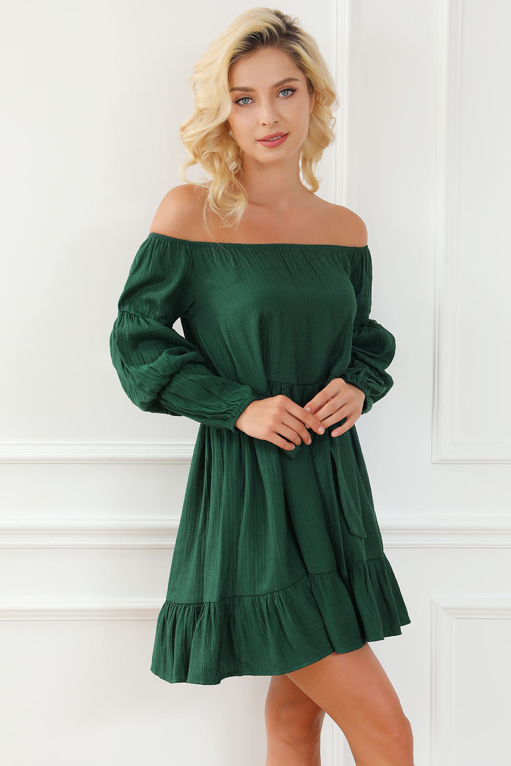 Green Off-Shoulder Tiered Bubble Sleeve Ruffled Dress