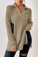 Load image into Gallery viewer, Apricot Ribbed Knit V Neck Collared Split Hem Tunic
