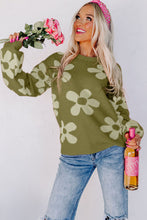 Load image into Gallery viewer, Spinach Green Big Flower Knit Ribbed Trim Sweater
