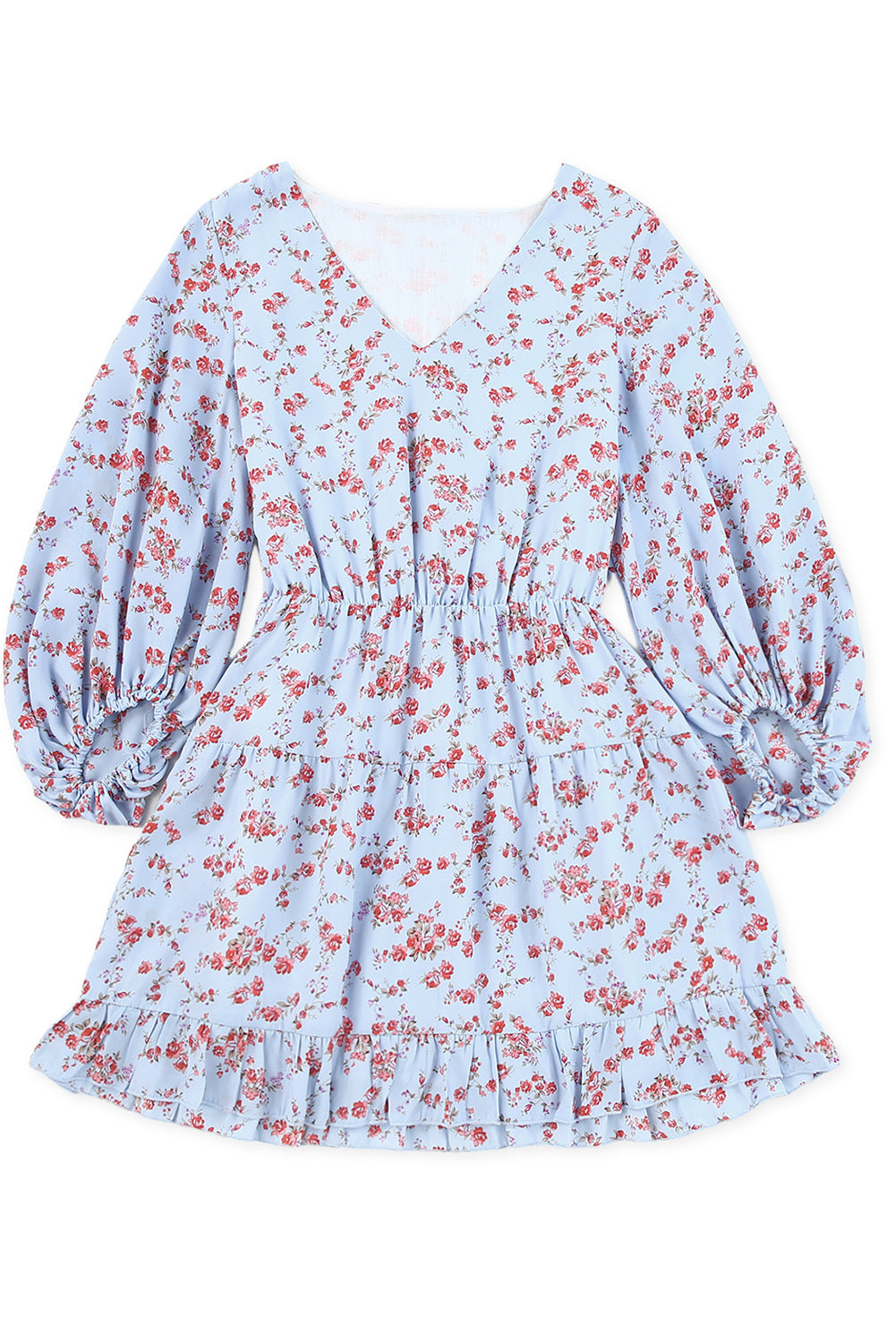 Floral V Neck Lantern Sleeves Tunic Dress