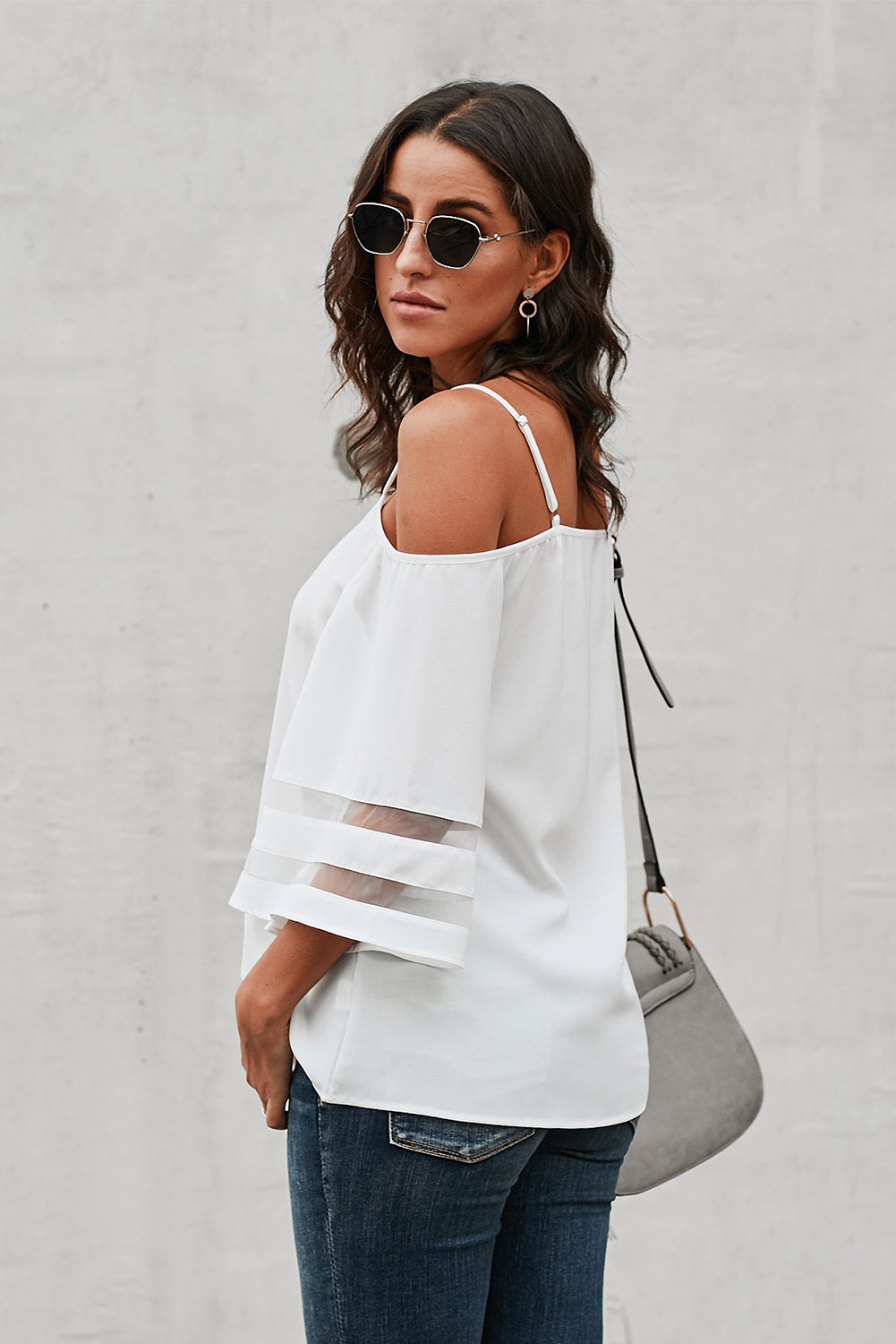 White Spaghetti Straps Cold Shoulder Mesh Insert Bell Sleeve Blouse