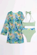 Load image into Gallery viewer, Laurel Green 3pcs Tropical Contrast Trim Halter Bikini Set with Cover up
