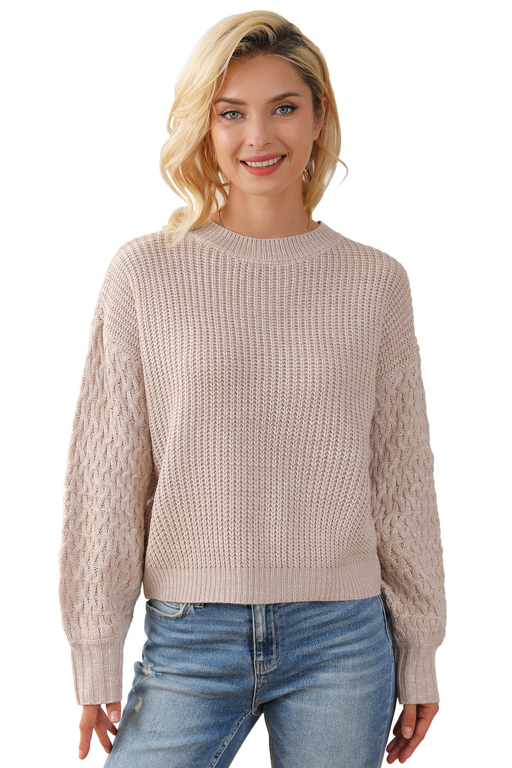 Parchment Cable Knit Sleeve Drop Shoulder Sweater