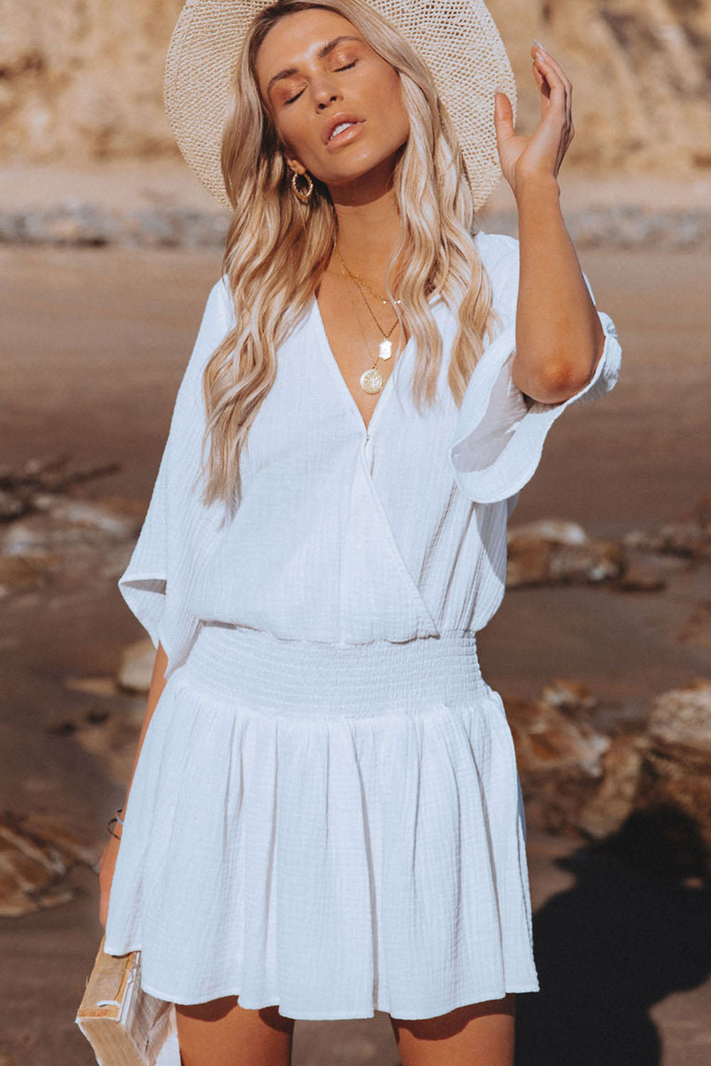 3/4 Sleeves Textured Smocked Drape Beach Dress