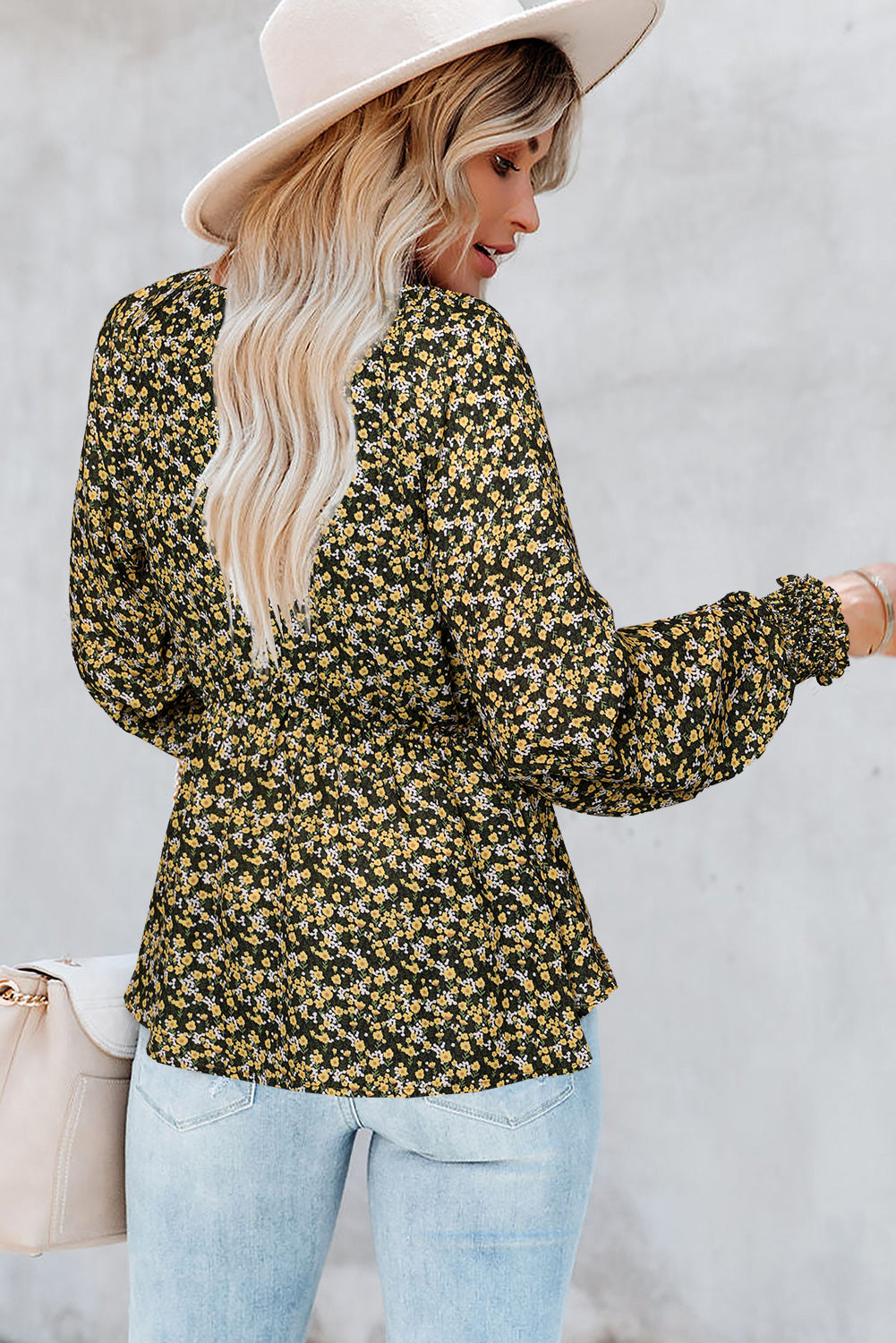 Cute Floral Print Front Tie Ruffled Long Sleeve Blouse