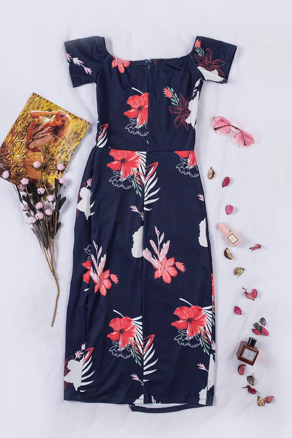 Fiery Red Floral Print Short Sleeve Off Shoulder Dress