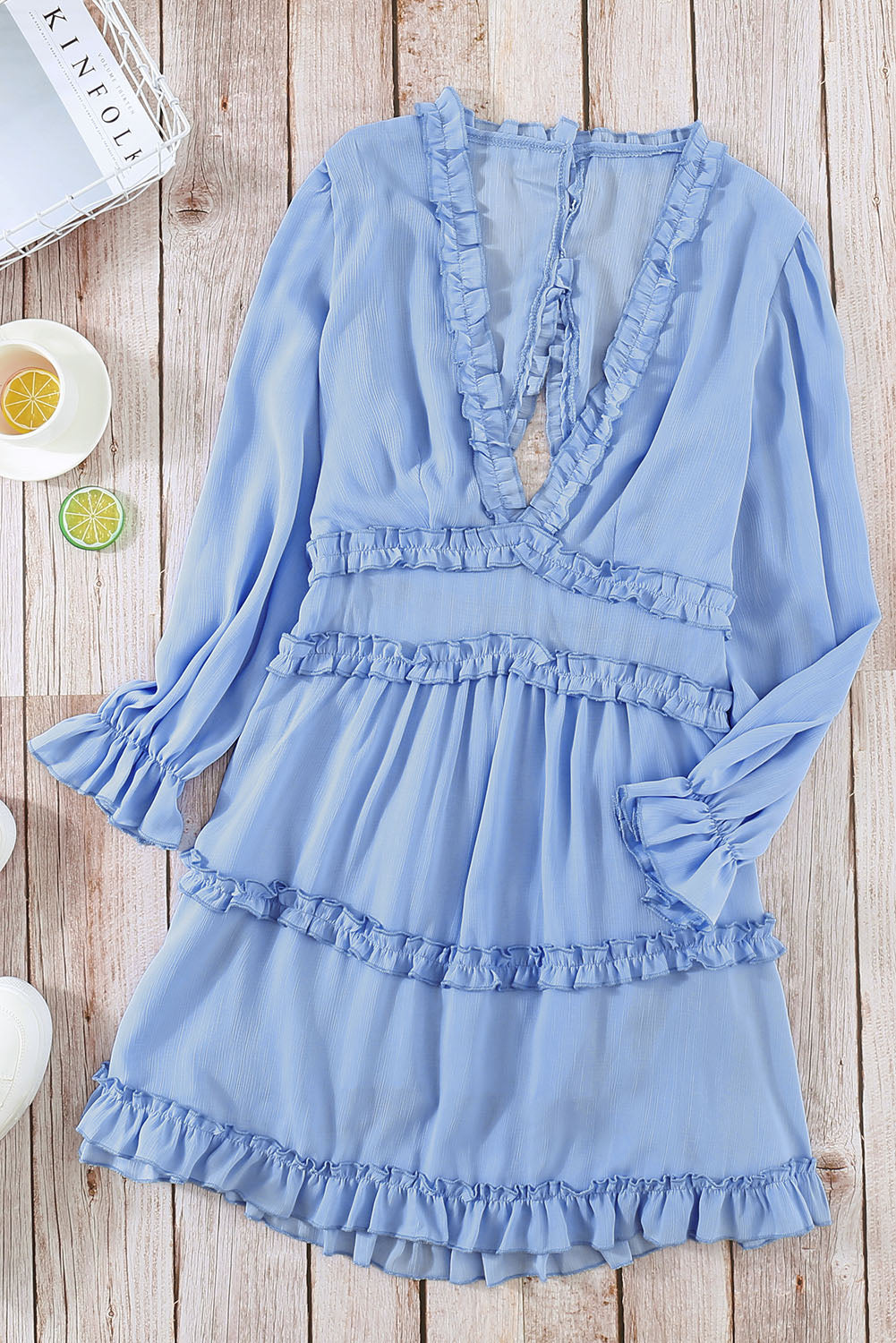 Sky Blue V Neck Ruffle Detailing Open Back Dress