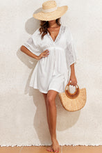 Load image into Gallery viewer, White Lace Patch Kimono Sleeve Tassel Drawstring Beach Cover Up
