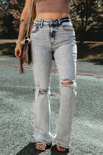 Load image into Gallery viewer, Light Blue Distressed Light Washed Slit Knee Flared Jeans
