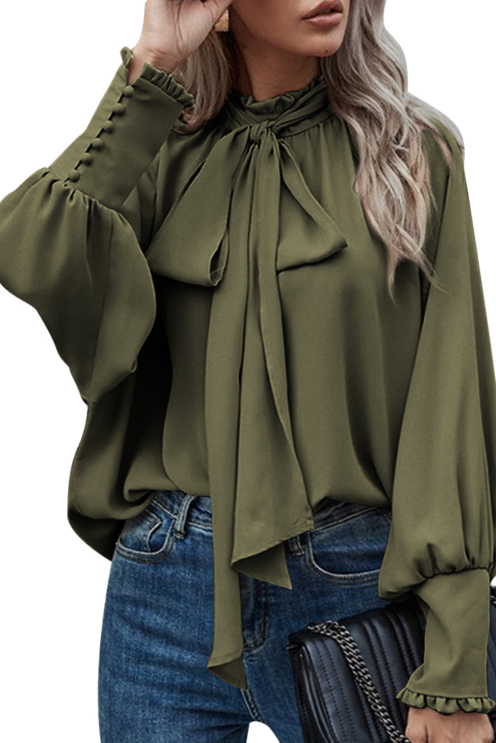 Jungle Green Frilled Knotted Mock Neck Bishop Sleeve Blouse