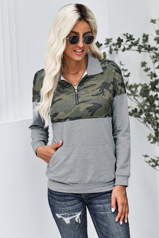 Camo Splice Gray Kangaroo Pocket Zip Collar Sweatshirt