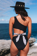 Load image into Gallery viewer, Black Asymmetric Cutout Belted One-piece Swimwear
