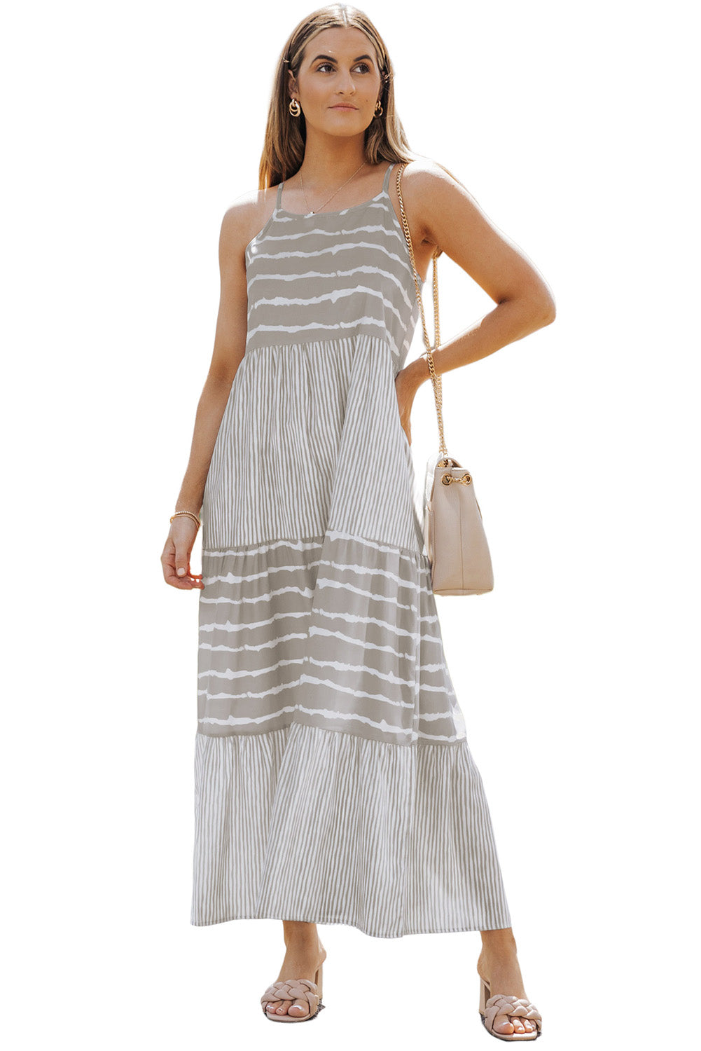 Gray Striped Spaghetti Strap Long Dress