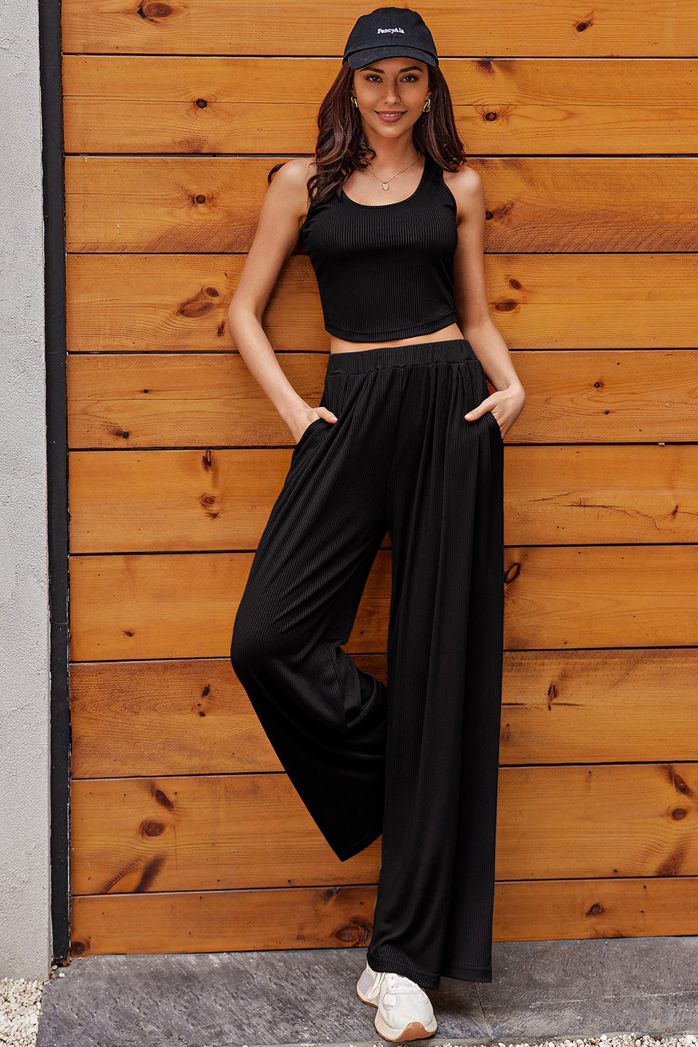 Black Textured Sleeveless Crop Top and Wide Leg Pants Outfit