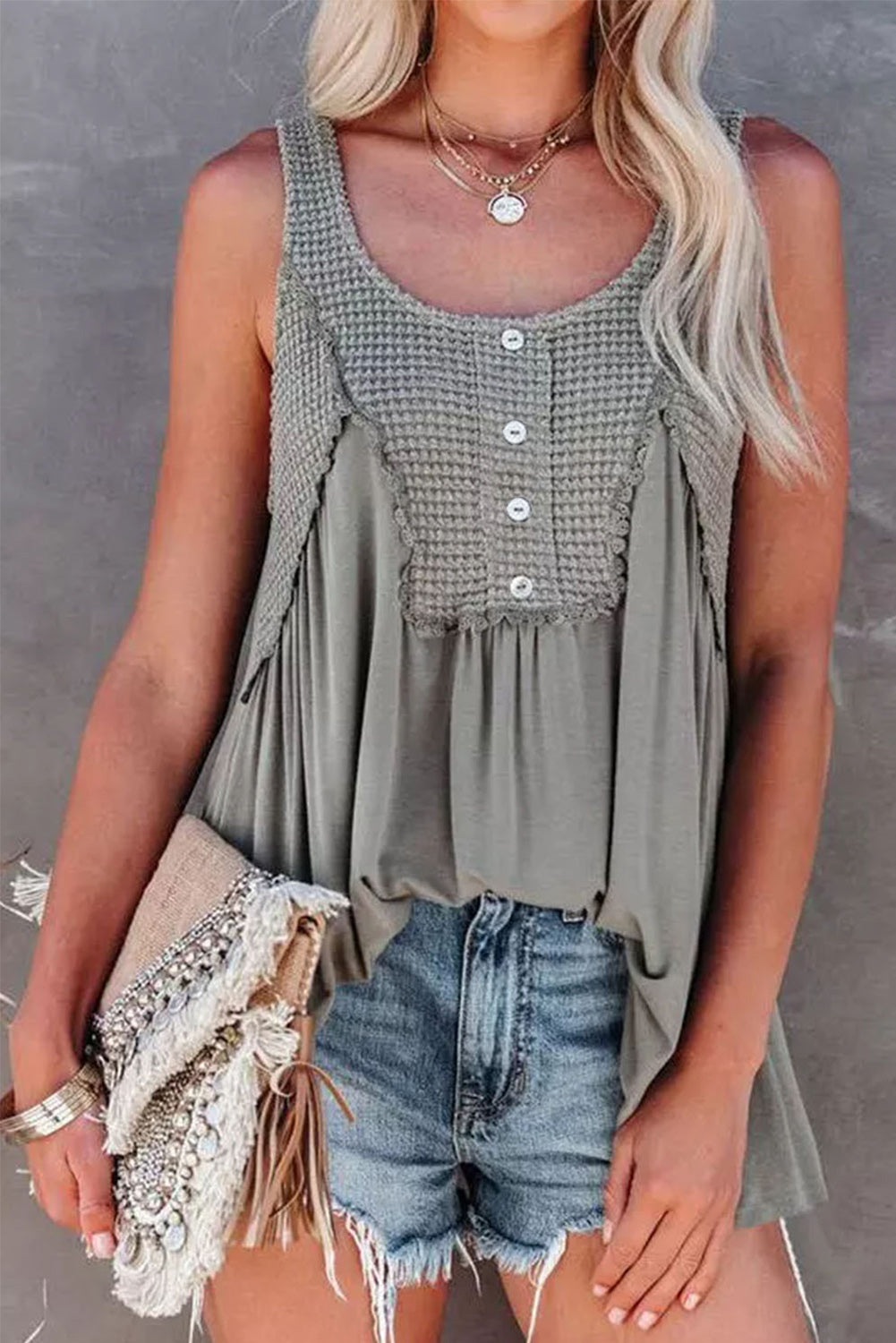 Waffle Knit Panel Babydoll Sleeveless Top