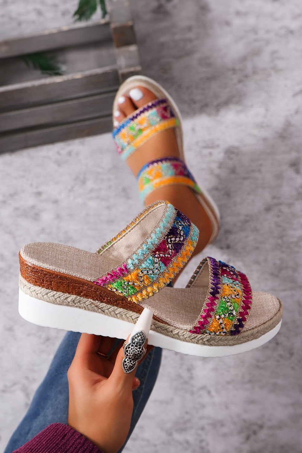 Multicolour Random Color Crochet Dual Band Wedge Slippers