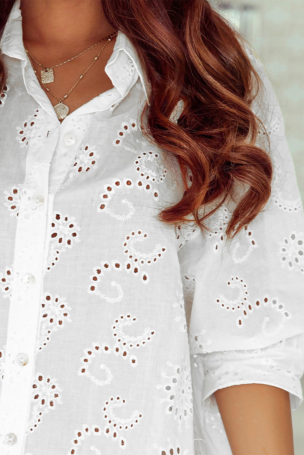 White Eyelet Floral Pattern Shirt Babydoll Dress