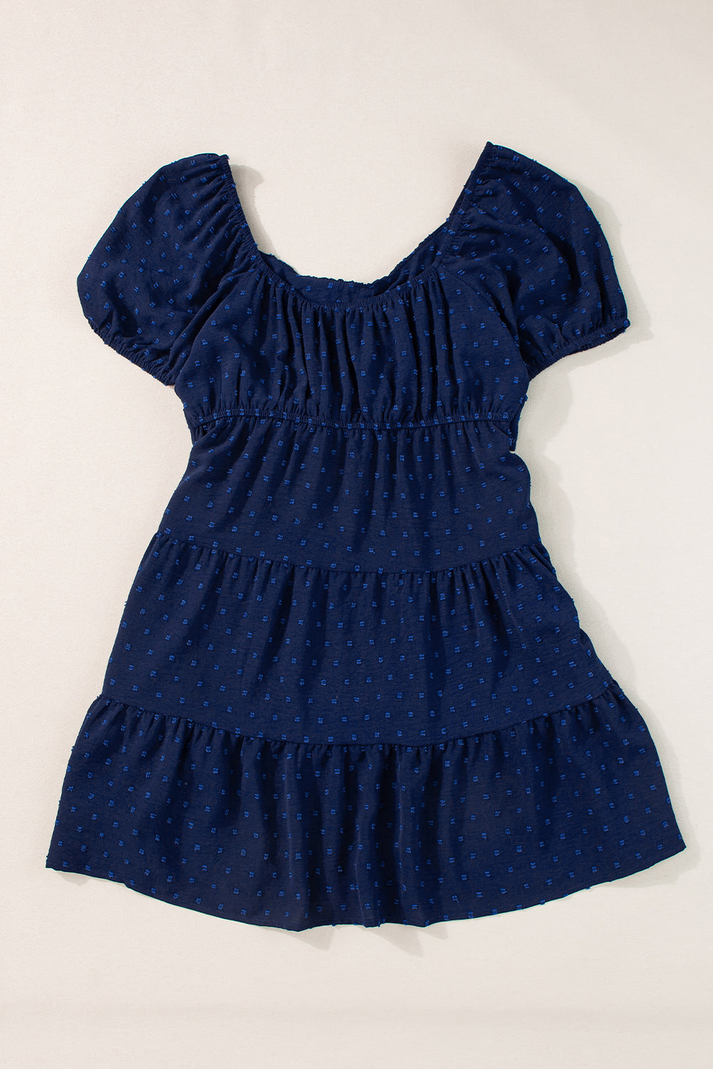 Navy Blue Swiss Dot Jacquard Puff Sleeve Crossover Tied Tiered Dress