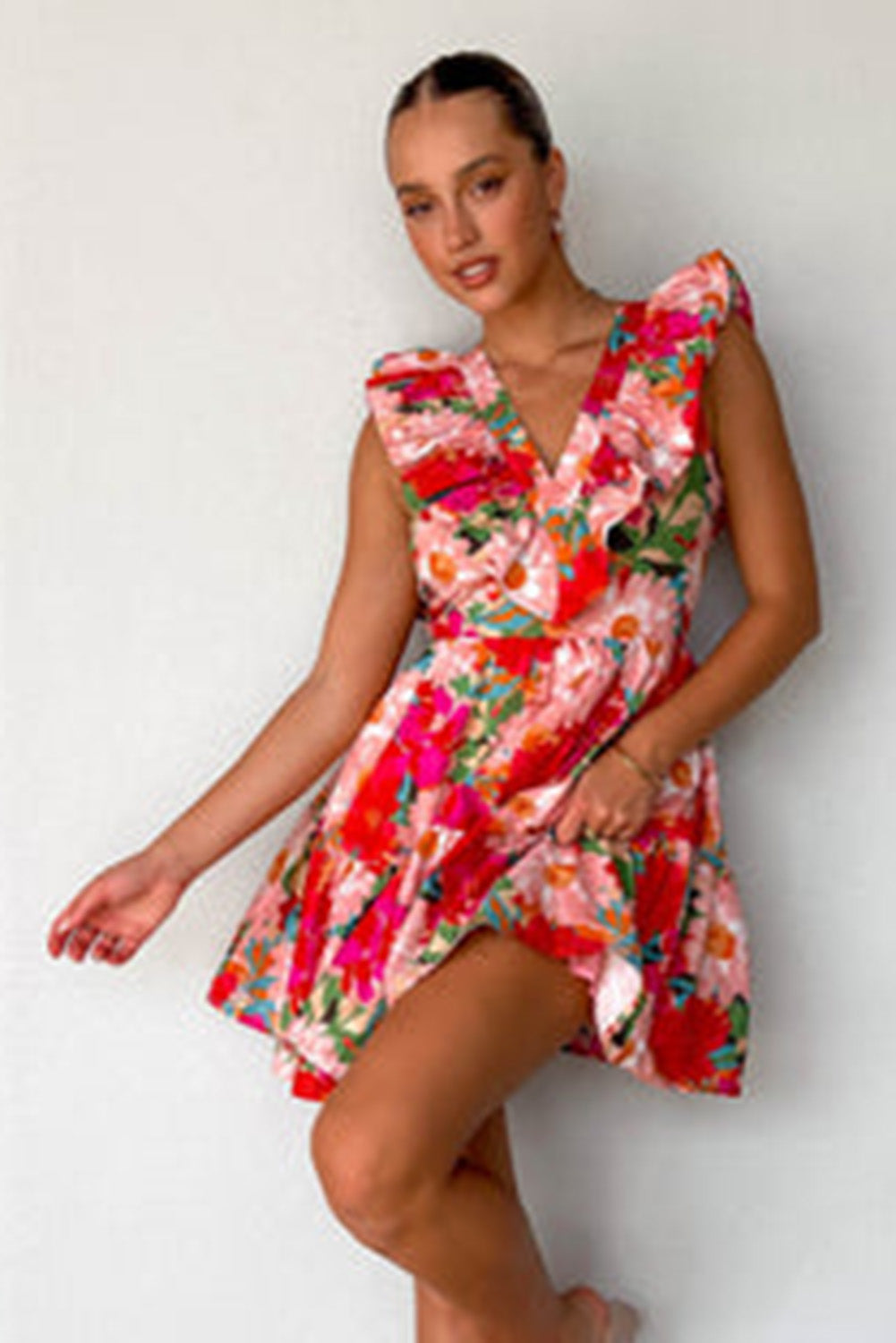 Floral Sleeveless V Neck Frill Mini Dress