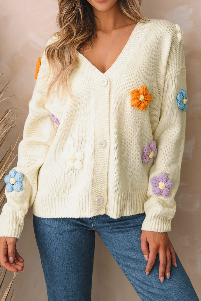 Beige Cute Flower Embellished Buttoned Cardigan Sweater