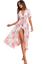 Load image into Gallery viewer, White Floral Print Lace Splicing Knot Front Beach Cover Up
