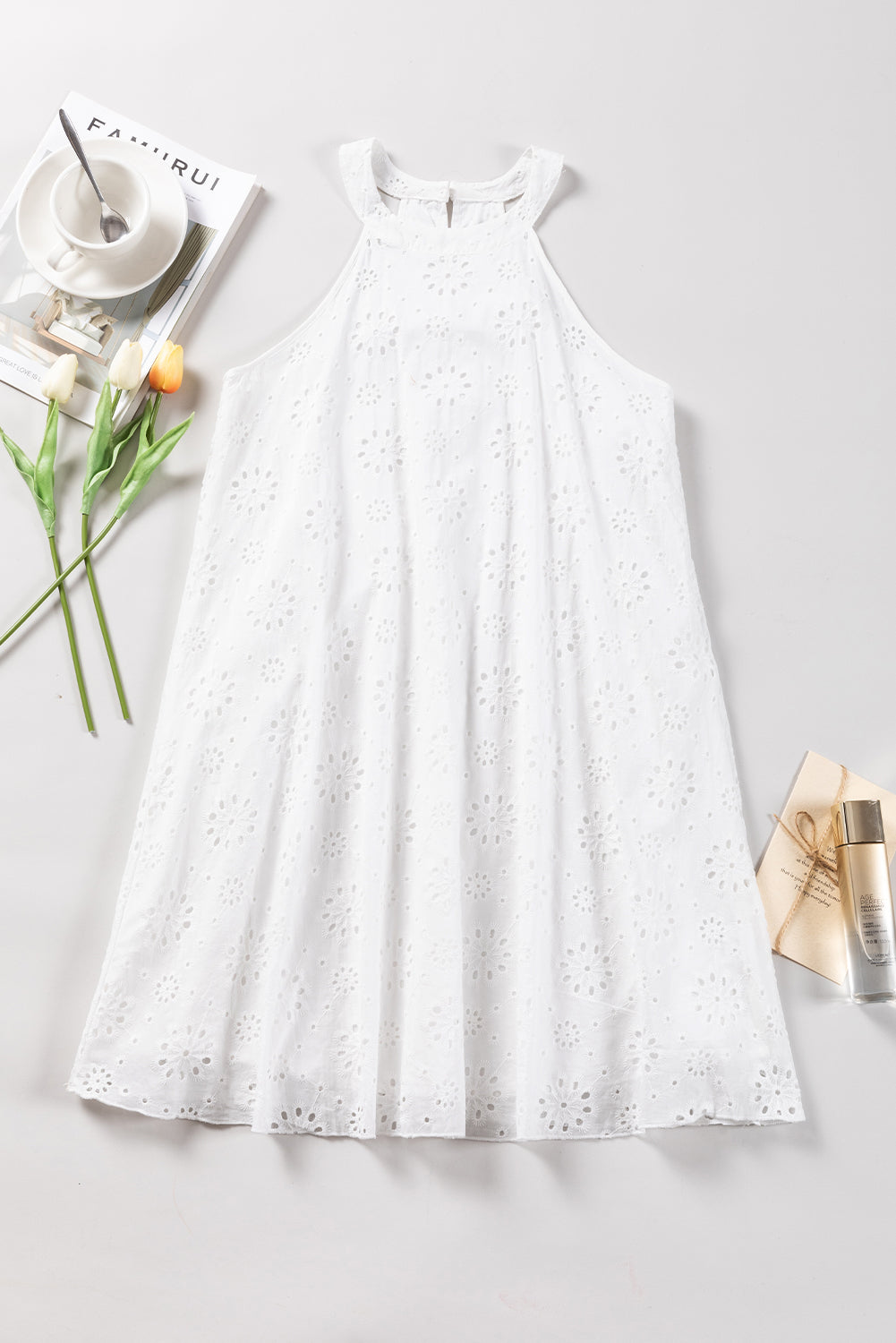 White Boho Eyelet Pattern Halter Neck Sleeveless Dress