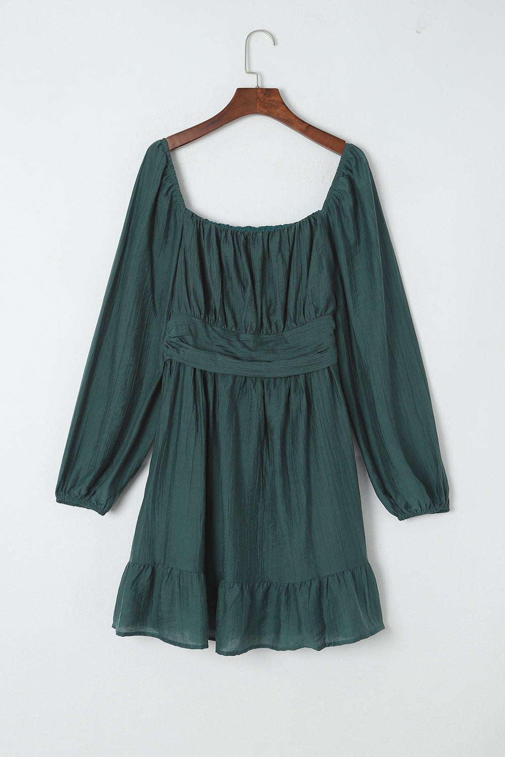 Green Ruched Square Neck Puff Sleeve Mini Dress