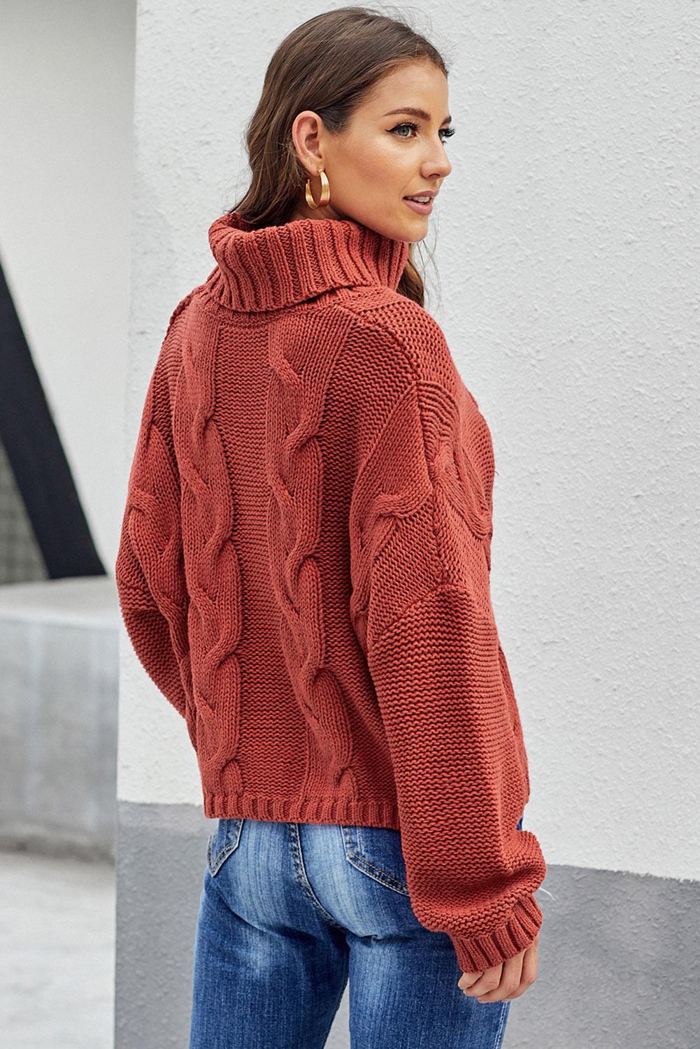 Red Cuddle Weather Cable Knit Handmade Turtleneck Sweater