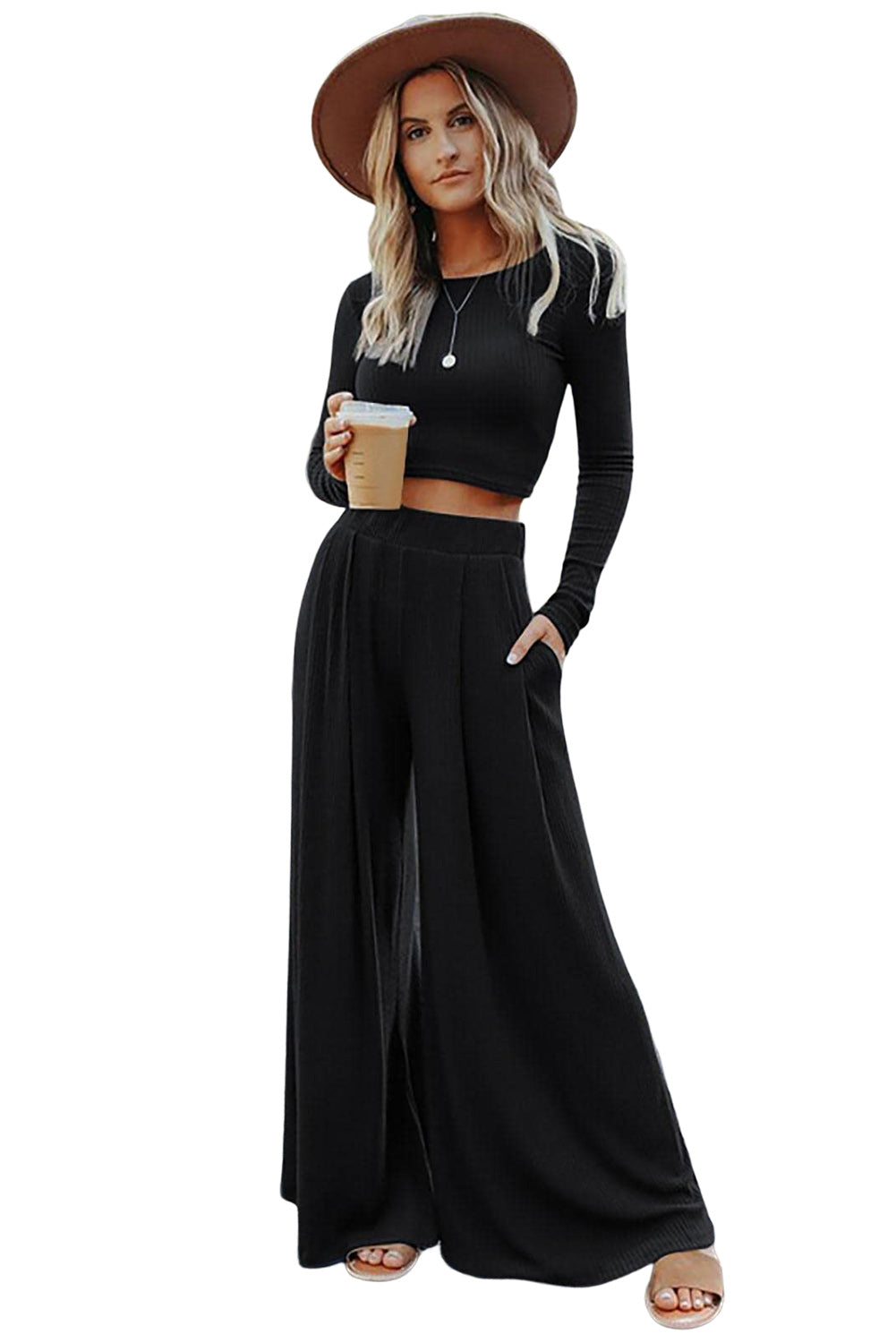 Black Solid Color Ribbed Crop Top Long Pants Set