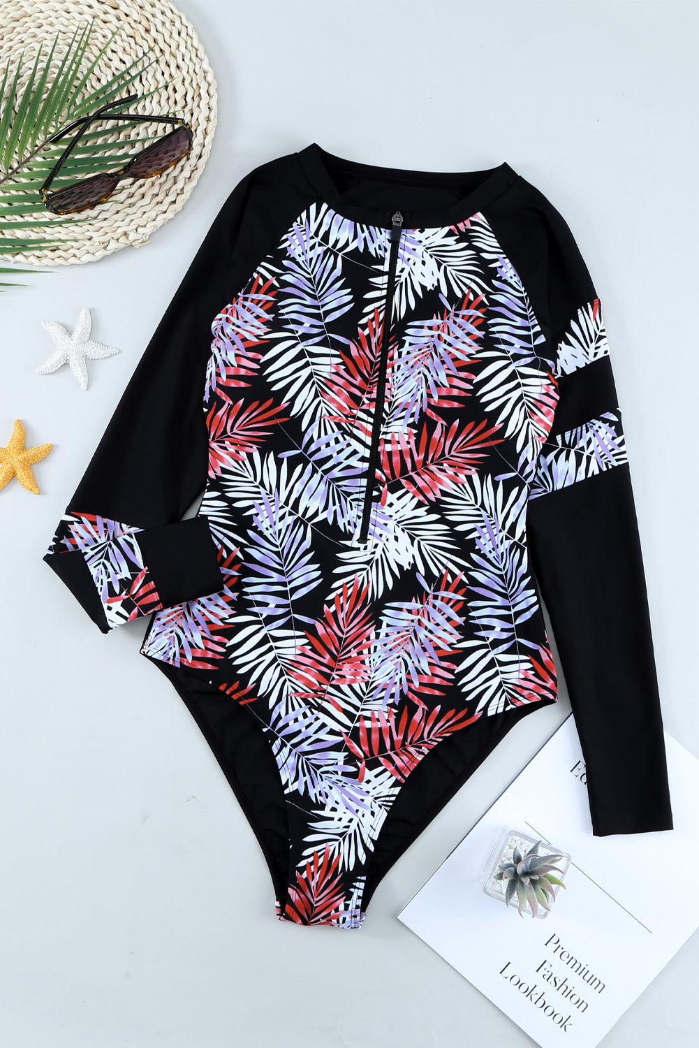 Red Leaves Print Zip-up Long Sleeve Surf Rash Guard Swimwear