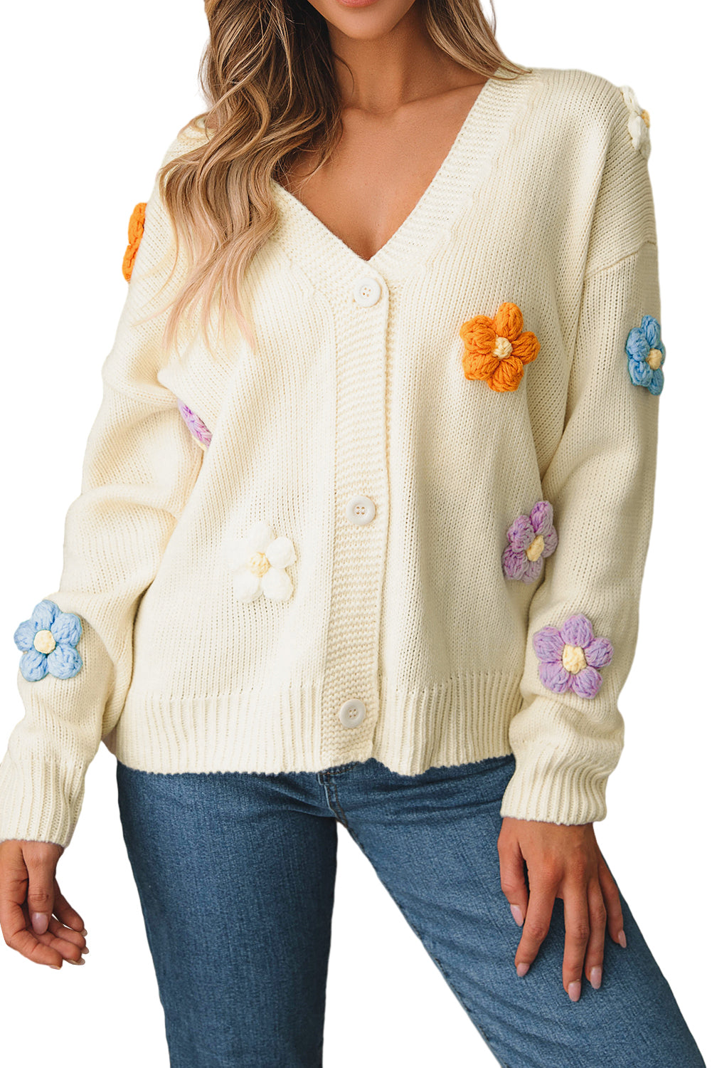 Beige Cute Flower Embellished Buttoned Cardigan Sweater