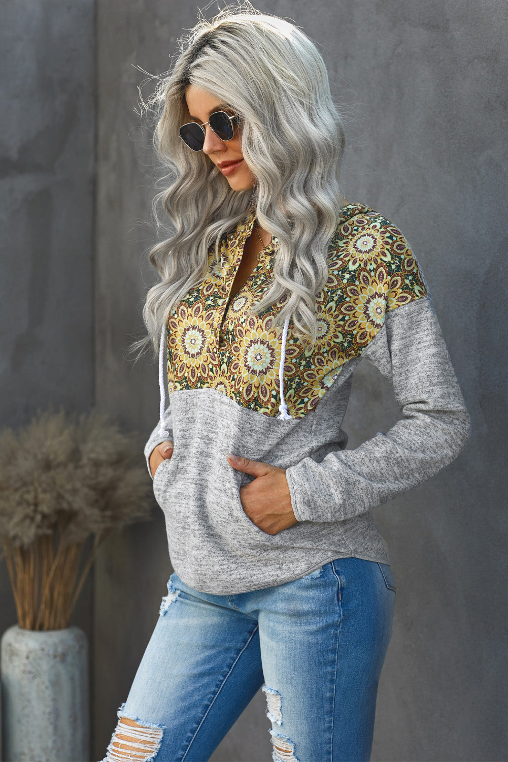 Gray Tribal Print Vintage Drawstring Hoodie