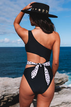 Load image into Gallery viewer, Black Asymmetric Cutout Belted One-piece Swimwear
