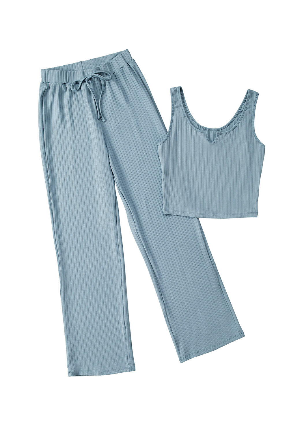 Blue Ribbed Crop Tank Drawstring Lounge Pants Set