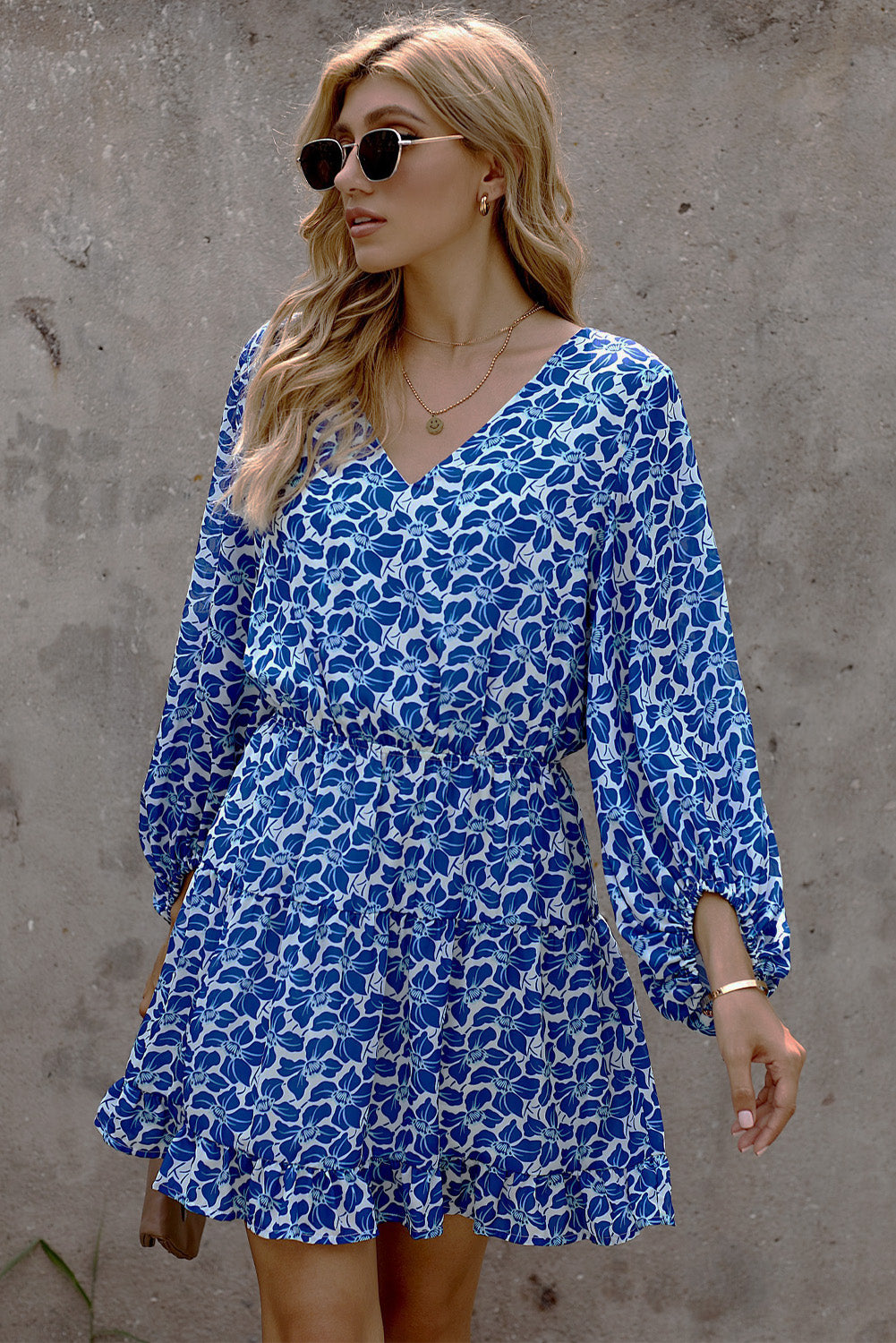 Floral V Neck Lantern Sleeves Tunic Dress