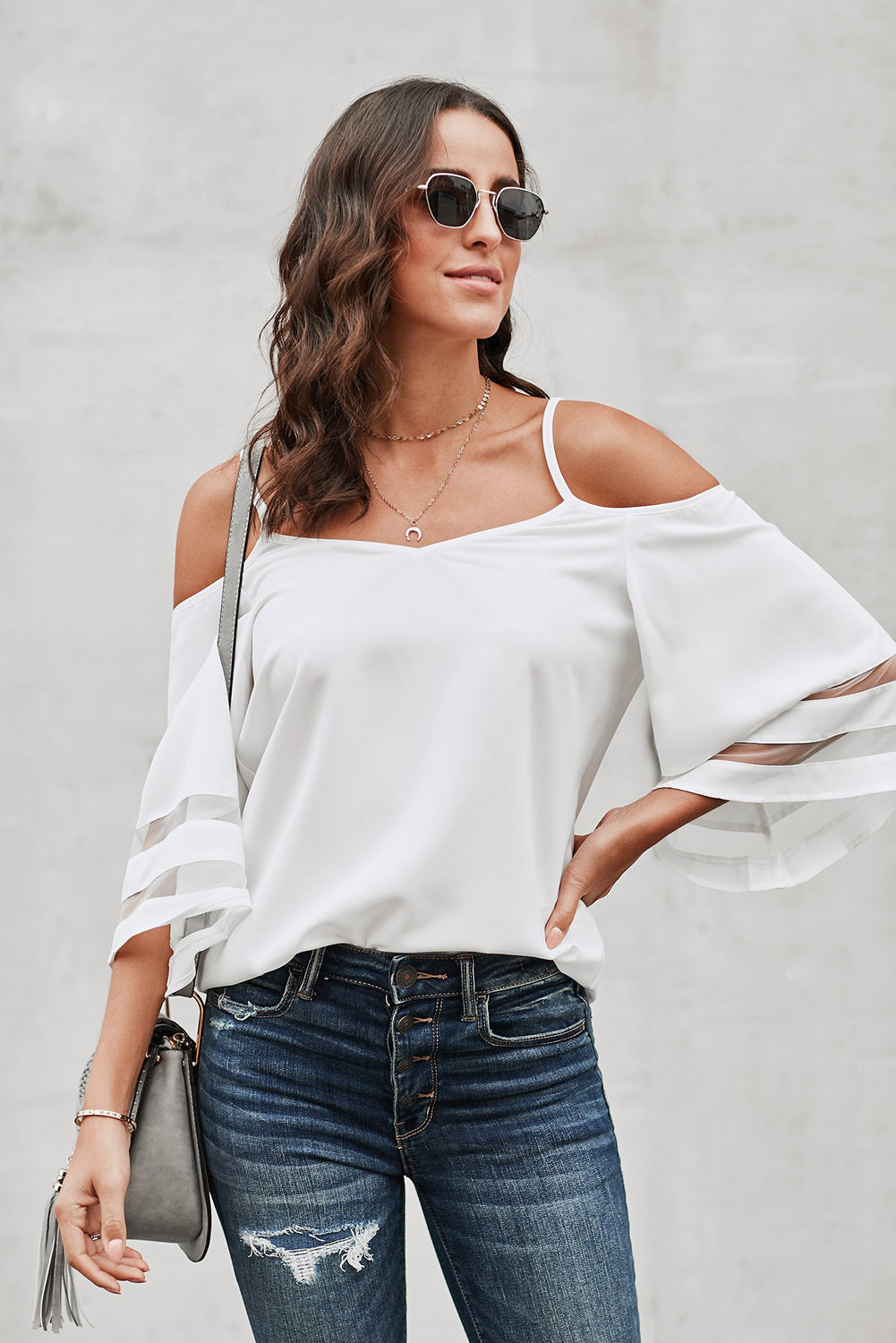 White Spaghetti Straps Cold Shoulder Mesh Insert Bell Sleeve Blouse