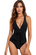 Load image into Gallery viewer, Black Deep V Neck Tie Waist One-piece Swimsuit
